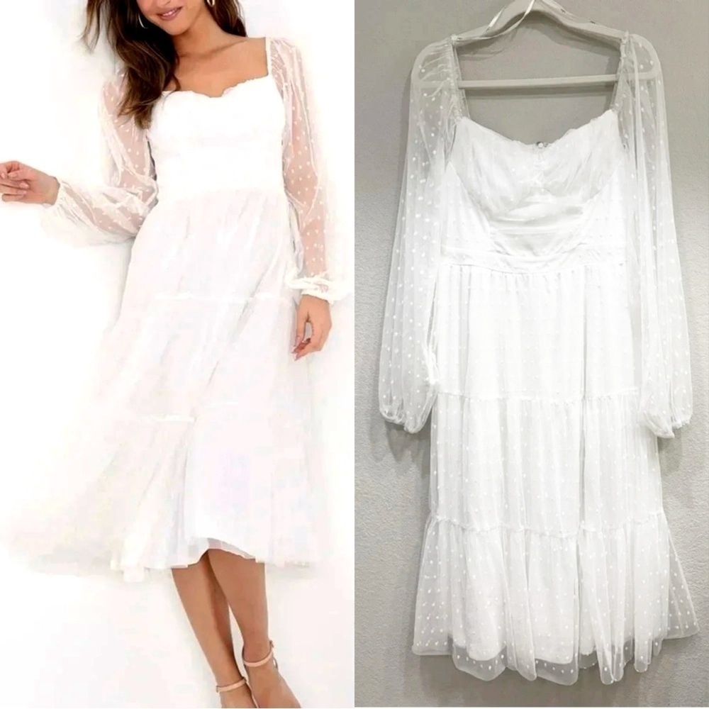 Size M - NWOT Lulus Affectionate Aura White Swiss Dot‎ Tiered Bustier Midi Dress